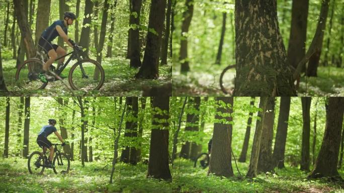 一个骑自行车的人很快穿过林道。他正在快速冲刺。摄像机从左向右移动并跟随他。4K