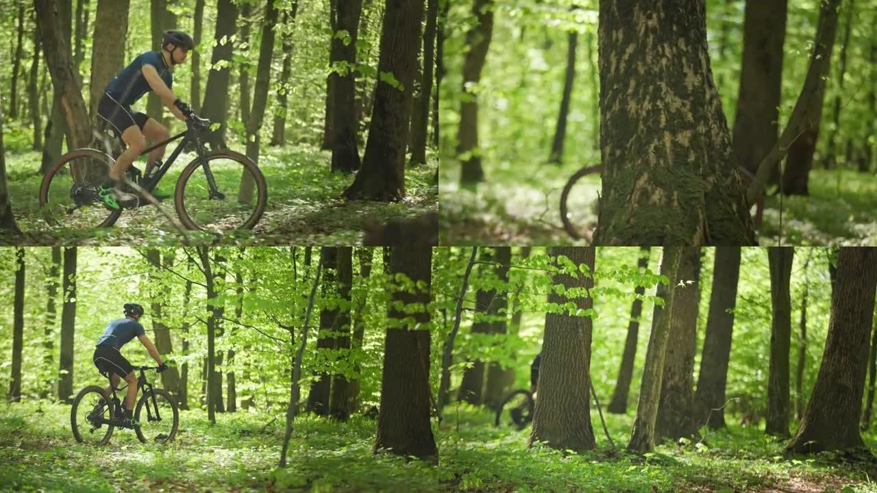 一个骑自行车的人很快穿过林道。他正在快速冲刺。摄像机从左向右移动并跟随他。4K