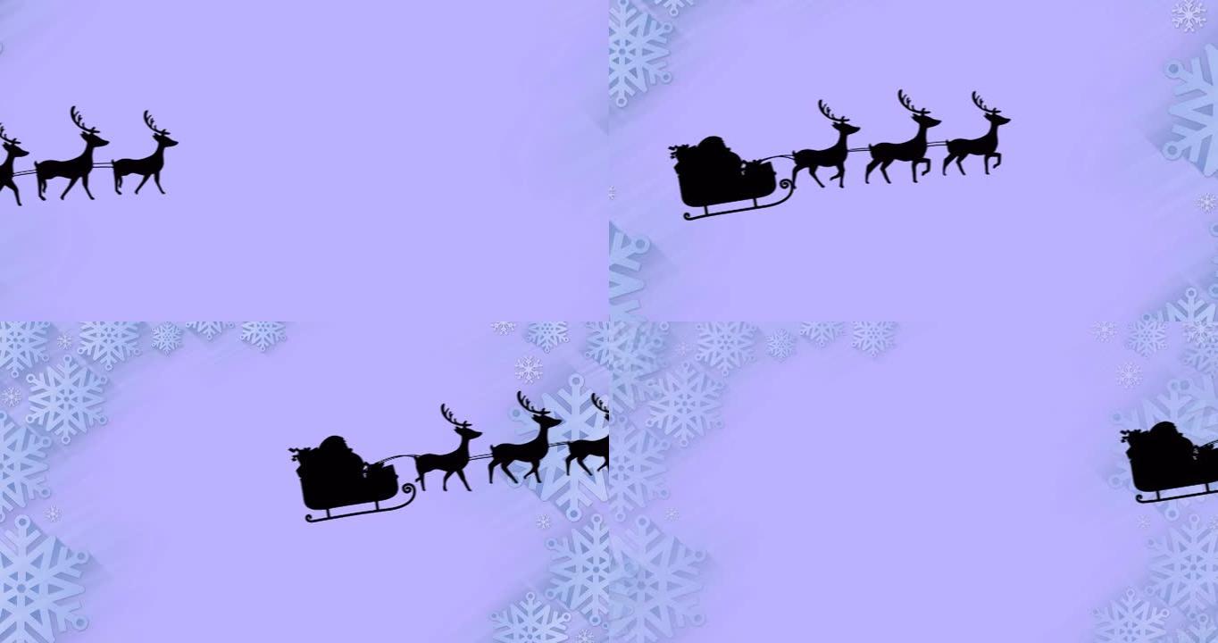 雪橇上的圣诞老人被驯鹿拉到紫色背景下的雪花图标上