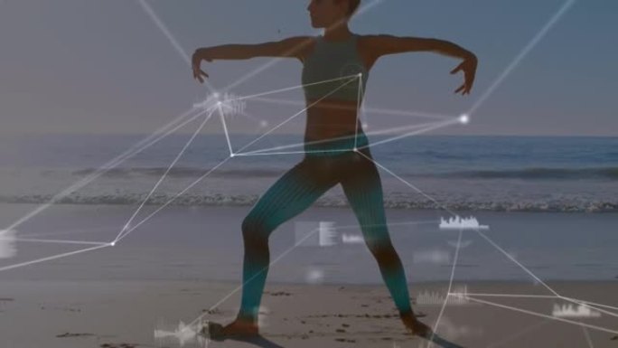 女人在海滩上练习瑜伽的连接网络和数据处理动画