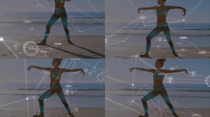 女人在海滩上练习瑜伽的连接网络和数据处理动画