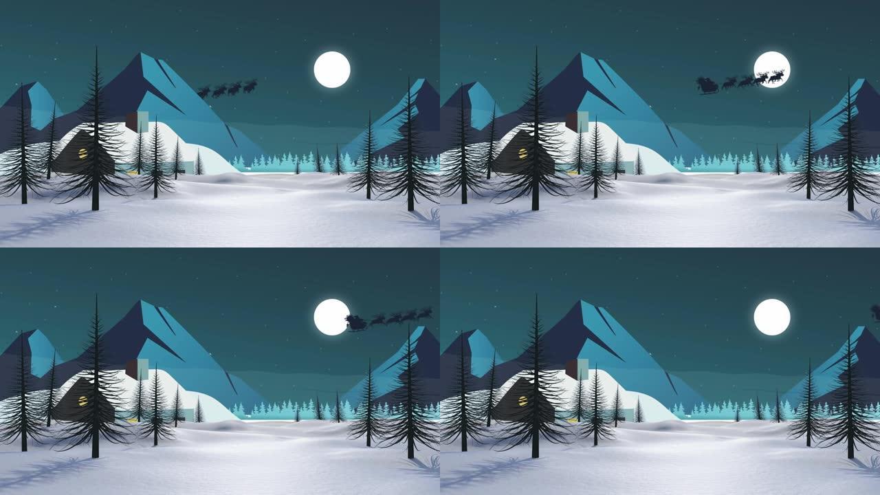 圣诞老人在雪橇上的动画，驯鹿在冬季景观和月亮上移动