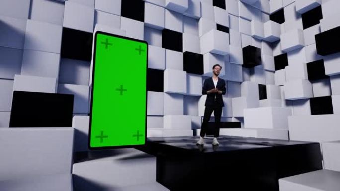 虚拟演播室新闻绿屏中的电视节目主持人带有标记飞上舞台
