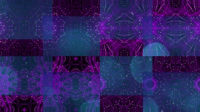 紫色万花筒形状的动画和深色背景上的移动蓝色面板