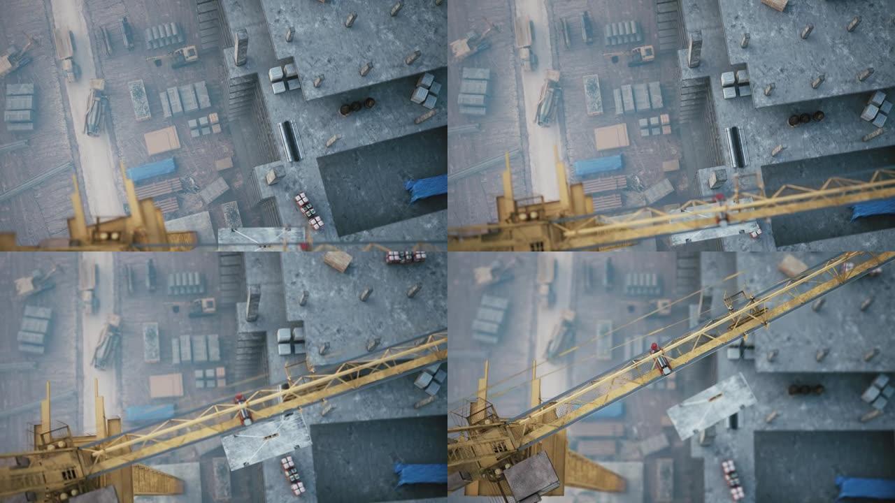 高起重机在建筑工地工作。建筑起重机的俯视图。三维可视化