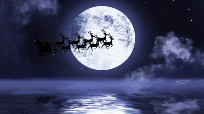 圣诞老人雪橇和驯鹿飞越月球和水