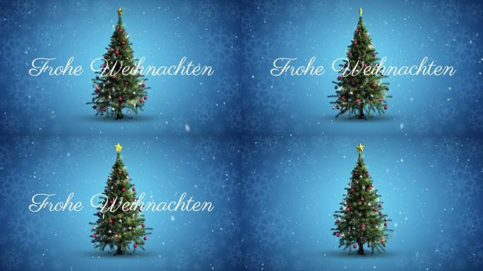 Frohe weihnachten文字和雪落在蓝色背景上的雪花上