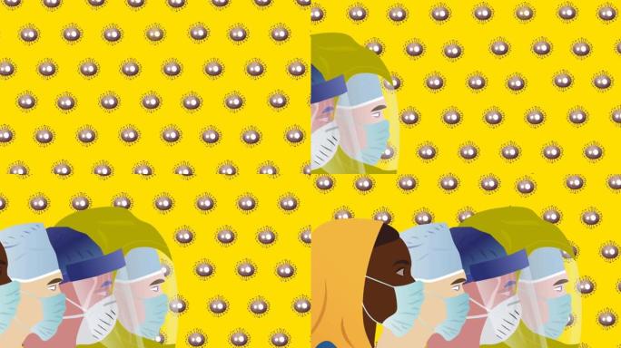 黄色背景上的面具和病毒细胞的不同人的动画