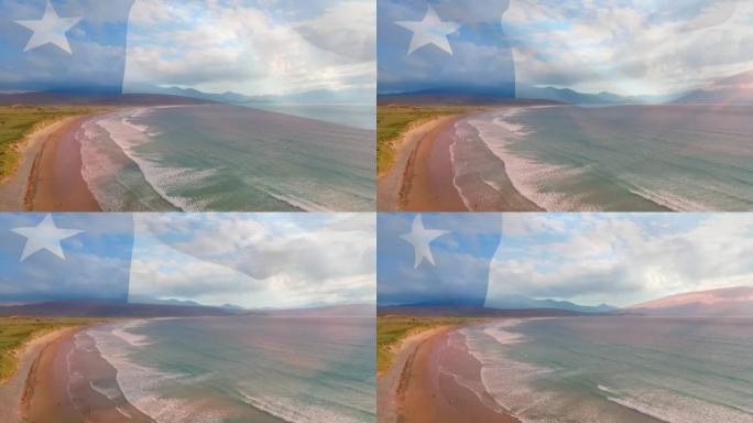 数字组成的挥舞智利旗帜反对海滩和海浪的鸟瞰图