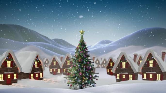 冬天风景下的雪落在房屋和圣诞树上的动画