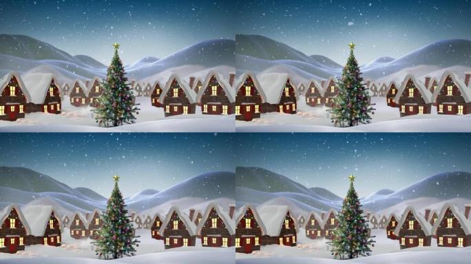冬天风景下的雪落在房屋和圣诞树上的动画