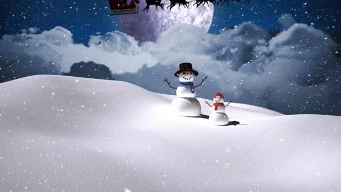 冬天风景下的雪落下微笑的两个雪人的动画