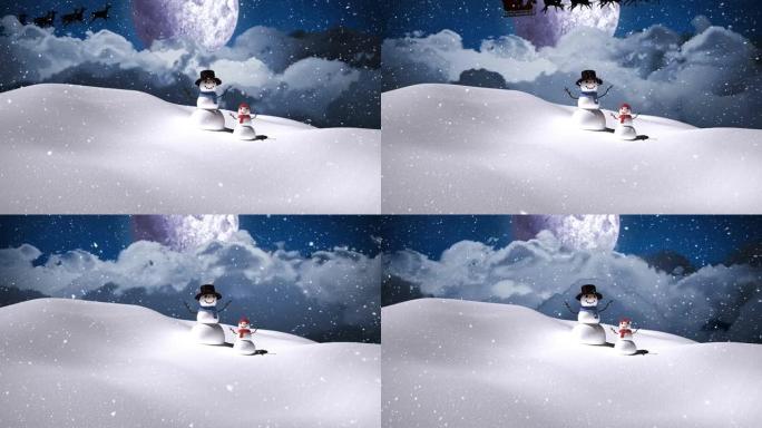 冬天风景下的雪落下微笑的两个雪人的动画
