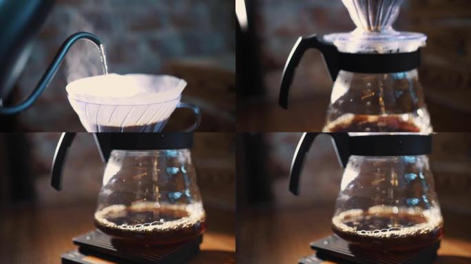 滴咖啡冲泡。特写。咖啡师将专用水壶中的沸水倒在传统滴灌玻璃水壶中的纸质过滤器中的现磨咖啡豆上