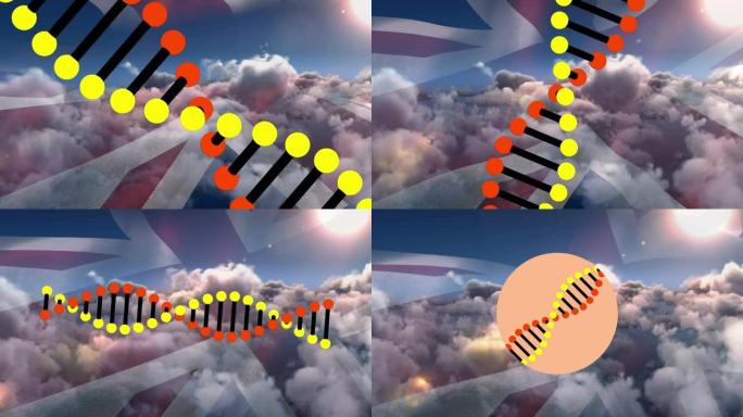 dna链在英国国旗和多云的天空上旋转的动画