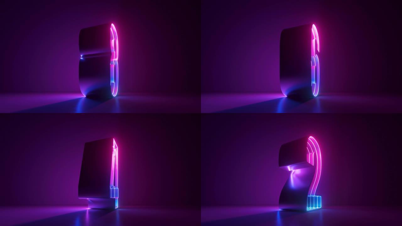 紫外线霓虹灯数字旋转旋转的3d动画，从十到一倒计时