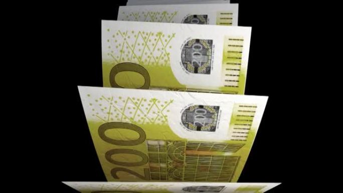 可循环: 计数钞票动画。翻转200欧元，欧盟货币法案。(欧元) 资金的无限流动。阿尔法通道 (亮度键