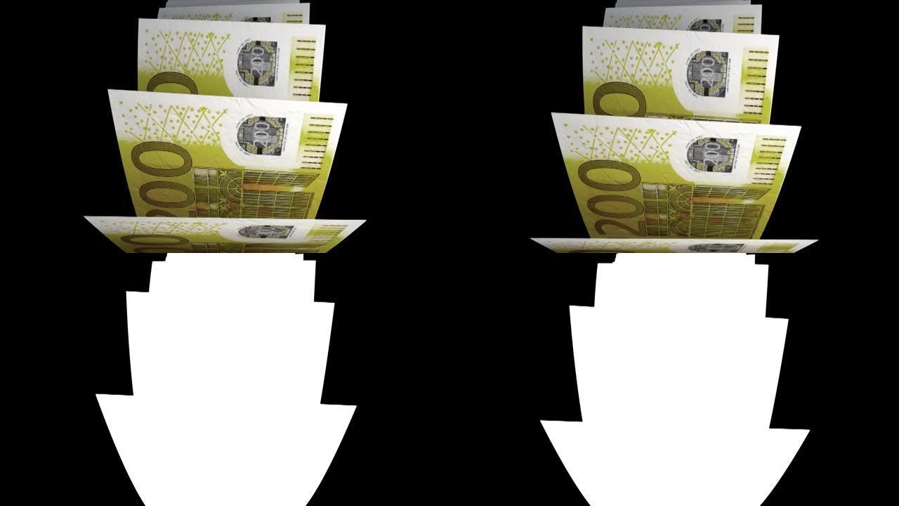可循环: 计数钞票动画。翻转200欧元，欧盟货币法案。(欧元) 资金的无限流动。阿尔法通道 (亮度键