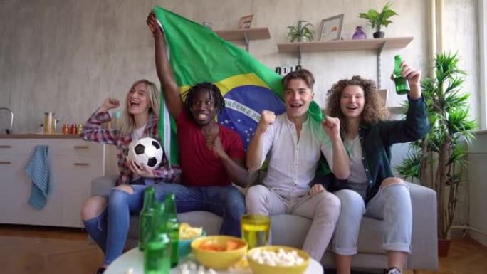 激动的巴西球迷为观看足球比赛的运动队欢呼