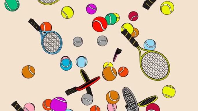 卡通风格彩色网球和网球拍在米色背景。