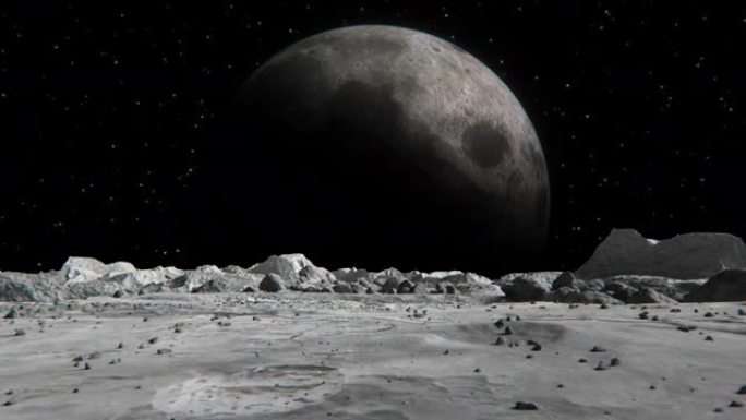 从月球表面看太空行星。月球表面，散布着小石头和沙子。飞越月球陨石坑。概念空间抽象背景。