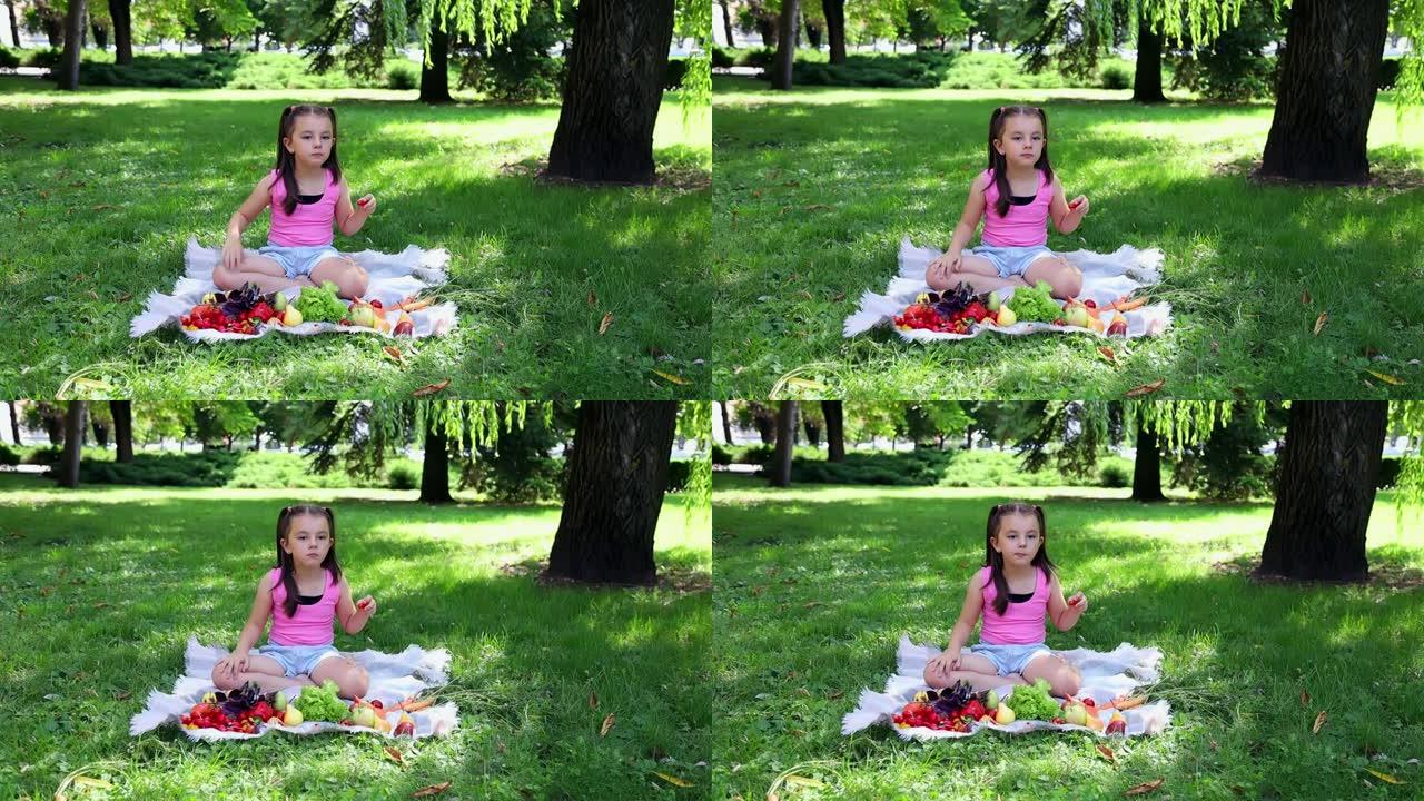 一个被水果和蔬菜包围的女孩正坐在城市公园野餐的草坪上