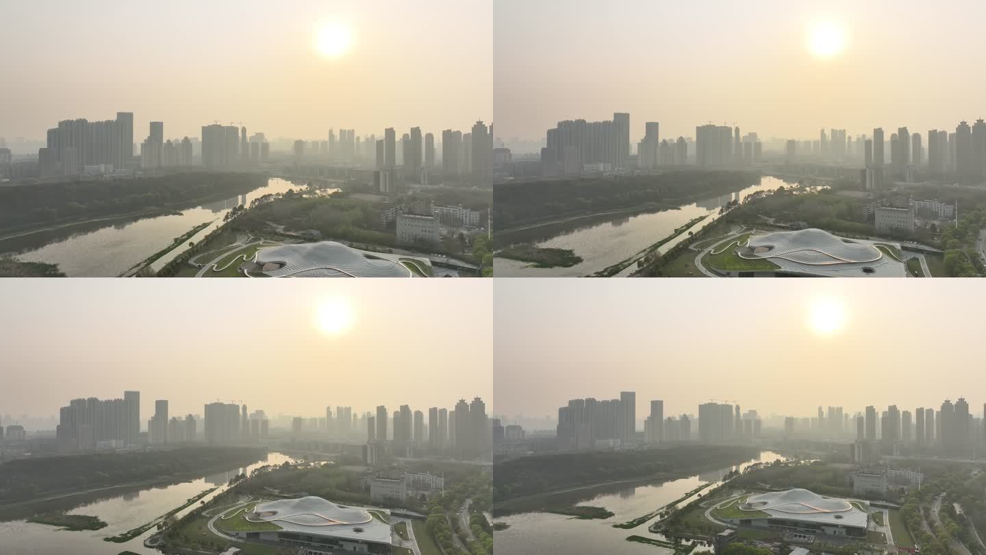 夕阳下武汉美术馆4K航拍