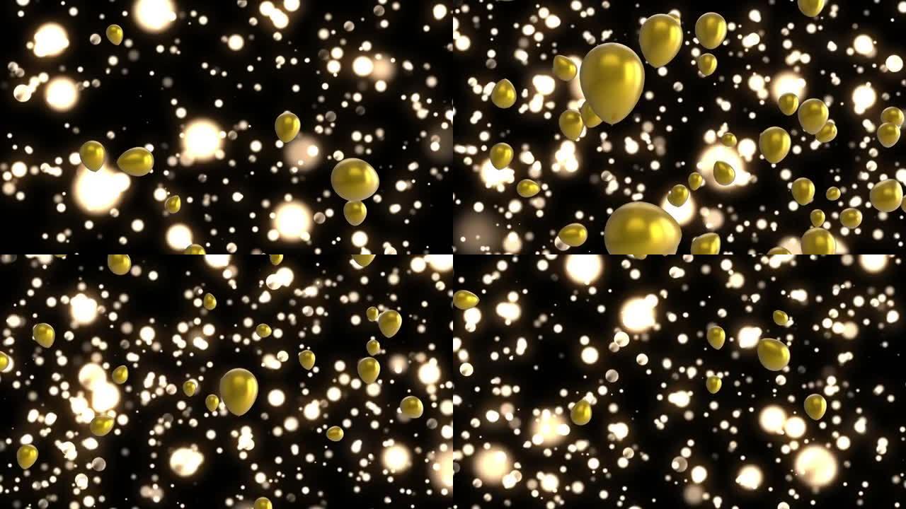 金色气球在发光的灯光上飞行的动画