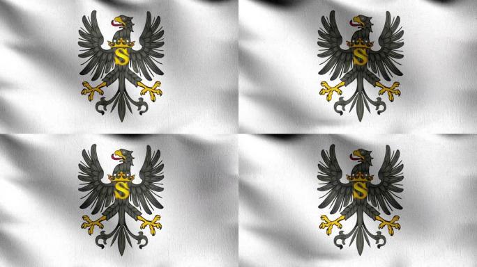 普鲁士公爵的旗帜在风中飘扬。波形标志的三维渲染图
