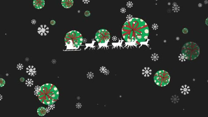 黑色背景上的雪花上的圣诞老人在雪橇上与驯鹿的动画