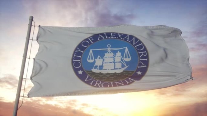 亚历山大旗，弗吉尼亚州，在风中飘扬，天空和阳光的背景