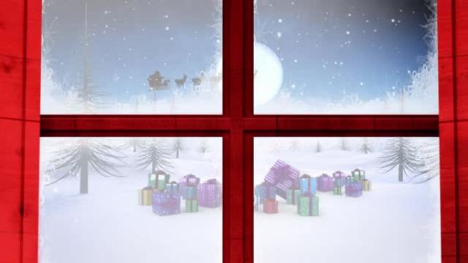 通过窗户看到礼物和圣诞老人雪橇的冬季圣诞节场景动画