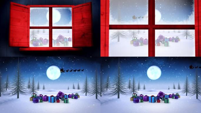 通过窗户看到礼物和圣诞老人雪橇的冬季圣诞节场景动画