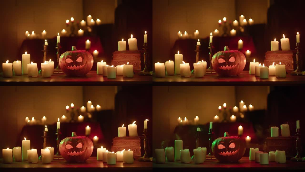 南瓜灯和燃烧的蜡烛特写。木桌上刻有火焰的雕刻南瓜。万圣节符号，吓人的脸，传统的秋季节日装饰品