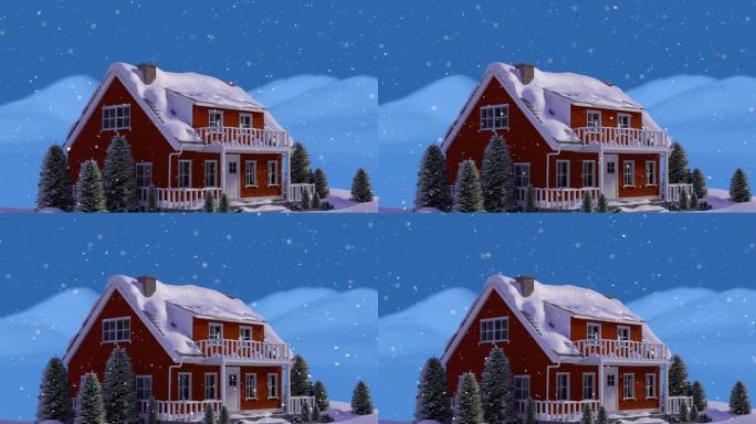 雪落在房屋上，并在蓝色背景下的冬季景观上