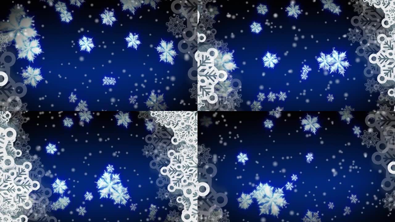 雪花漂浮和白色斑点落在蓝色背景下的数字动画