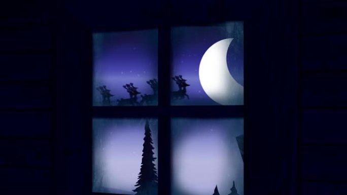 雪橇上的圣诞老人的窗框被驯鹿拉向夜空
