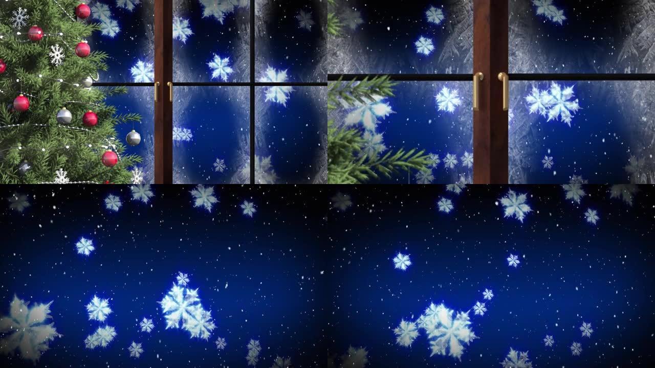 透过窗户看到的雪落下的动画