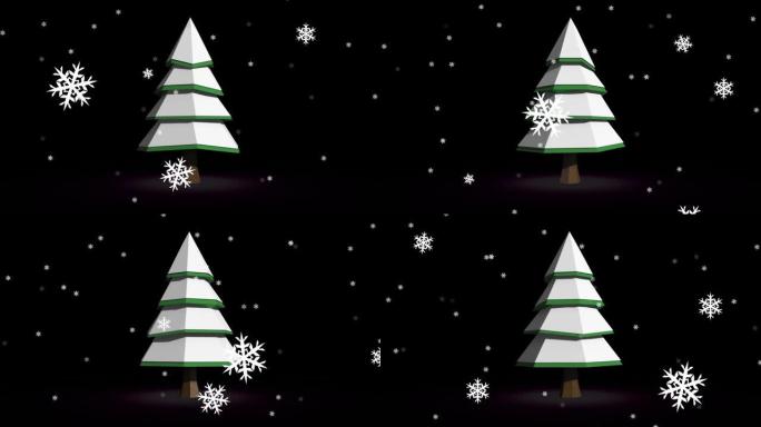 黑色背景上旋转的枞树上的雪的动画