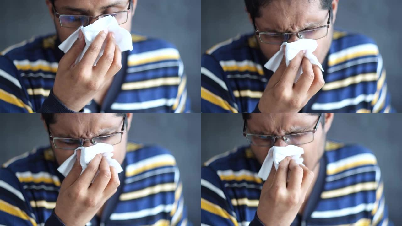 患流感的病人用餐巾纸鼻涕。