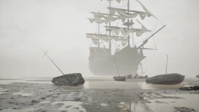 一艘中世纪的老船停泊在一个荒芜的迷雾小岛上。中世纪的海上冒险概念。动画是历史，教育，海盗和冒险背景的