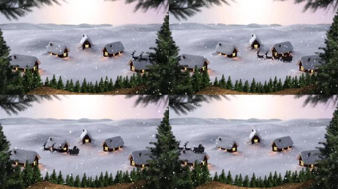圣诞老人在雪橇上的动画与驯鹿在冬季小镇上的积雪上