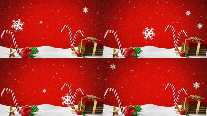红色背景下的雪花和圣诞节礼物动画