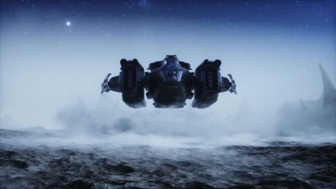 未来派飞船降落在外星球上。火星表面。逼真的4k动画。
