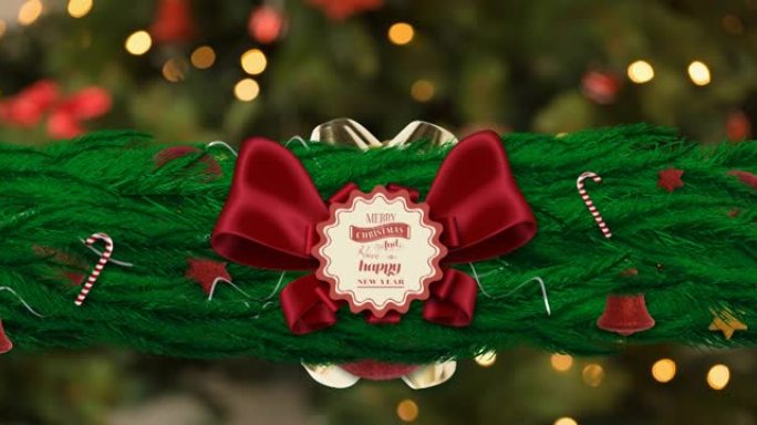 圣诞快乐的动画在标签上与弓在杉树装饰