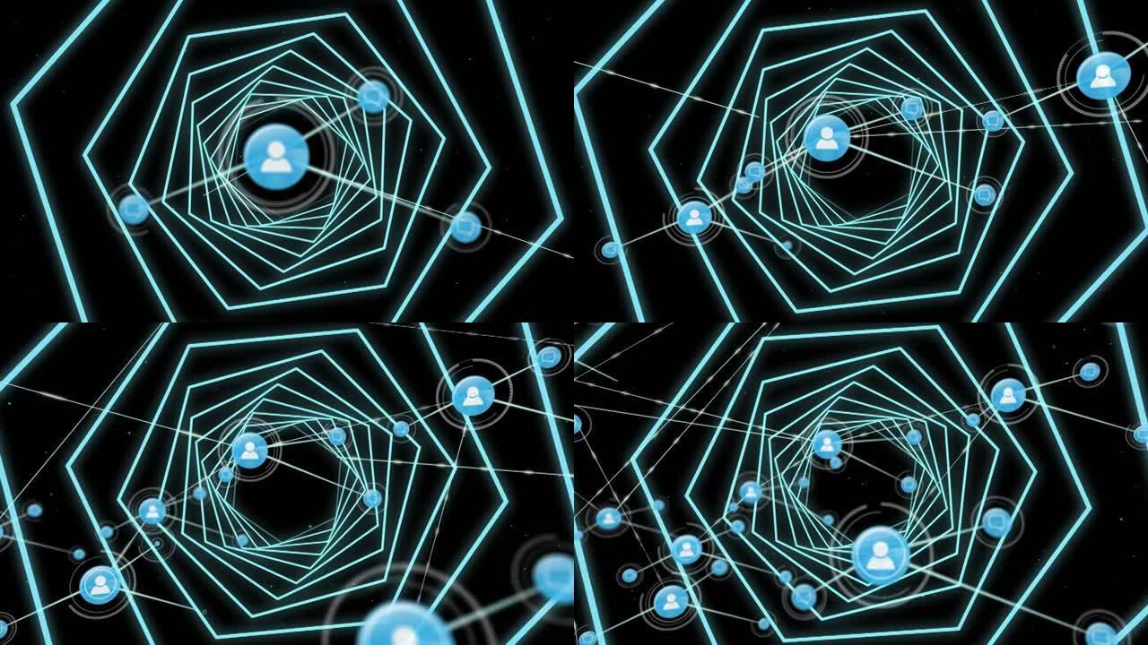 黑色背景上带有蓝色螺旋图标的连接网络动画