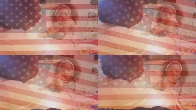 美国国旗动画上的非裔美国母亲清洗女儿的脸
