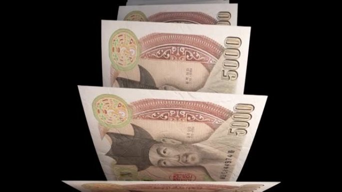 可循环: 计数钞票动画。翻转5000韩元钞票。资金的无限流动。阿尔法通道 (亮度键) 无缝。3d渲染