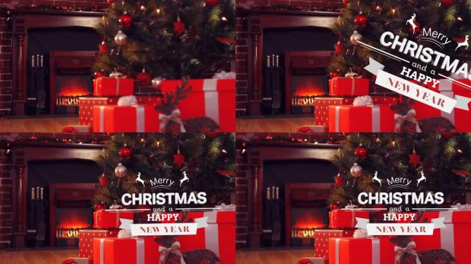 礼物和圣诞树上的圣诞快乐文字动画