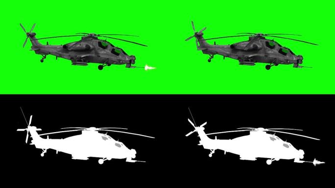军用直升机在绿屏上飞行，视频循环播放